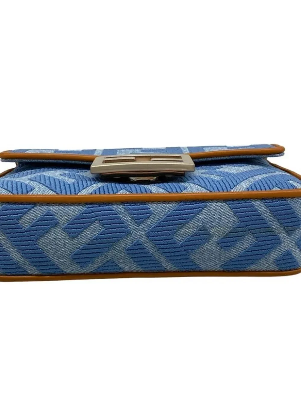 FENDI Baguette Mini 8BS017-AP4N Light Blue Brown Jacquard Leather Handbag